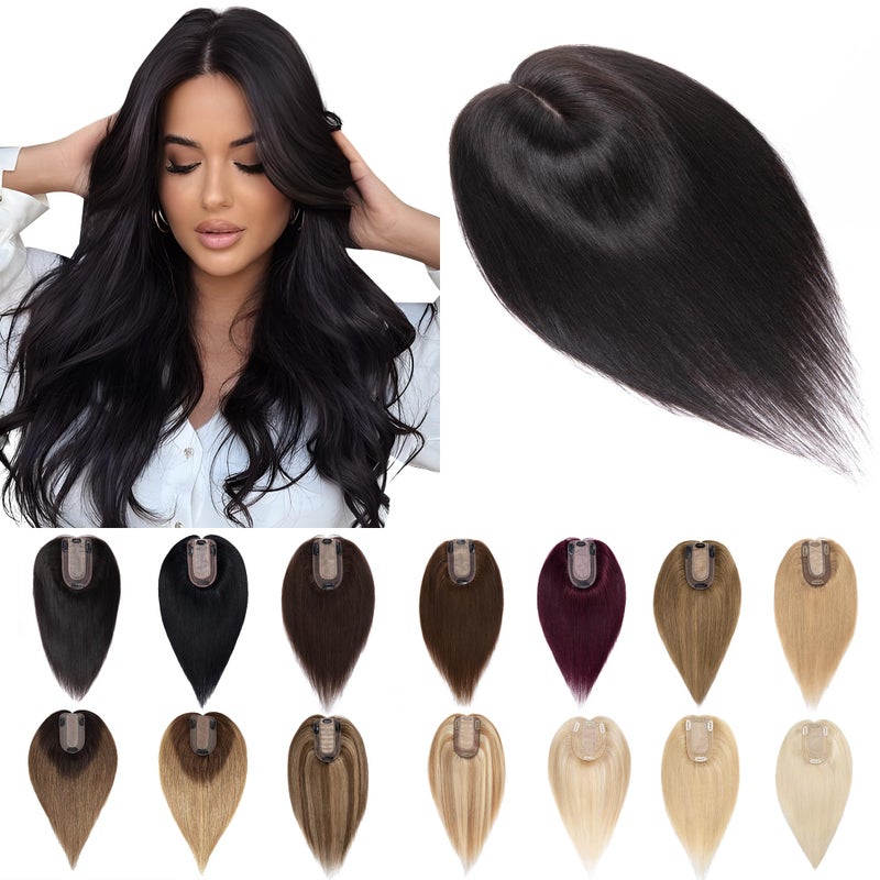 SEGO Human Hair Toppers for Women With Thinning Hair 7  13CM Silk Base 100 Real Human Hair Clip in Top Wiglet Hairpieces 6 Inch No Bangs Natural Black